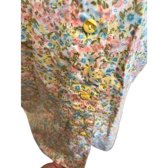 Vintage 90s Shirt Button Up Collar Short Sleeve Floral Yellow Pink Blue Cotton M - Picture 11 of 16